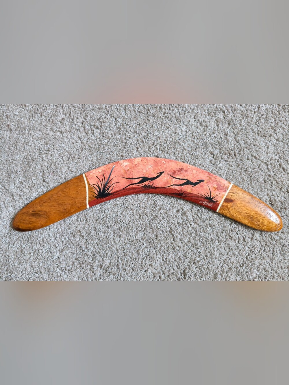 Vintage Australian Wood BOOMERANG Hand-made Kangaroo Design Signed Kathy Hartley